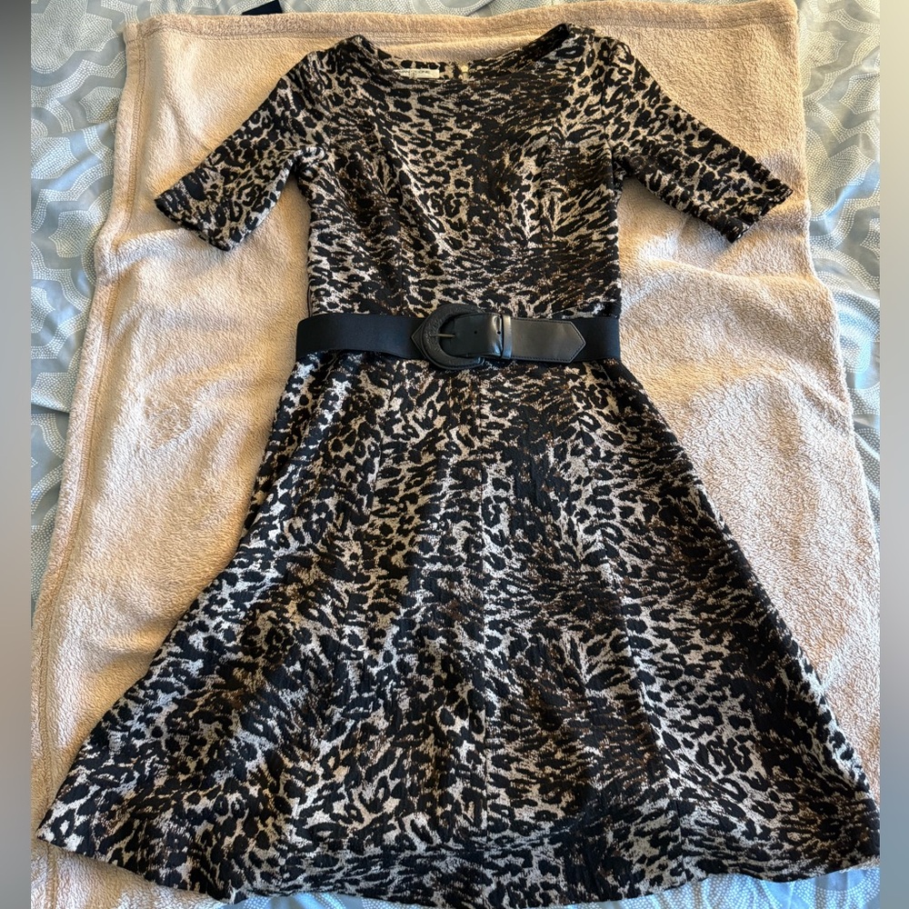 Evan Picone Black and Brown Leopard Print Midi Dress